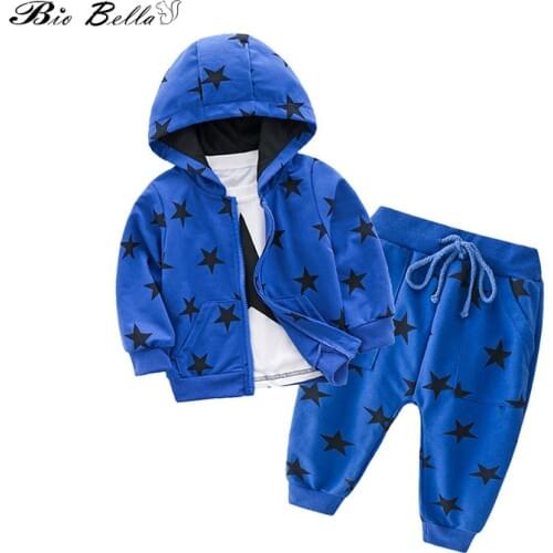 Fashion Spring Autumn Boys Cotton Sport Set Jacket+pants+White T-shirt 3pcs/set Boys Tracksuit Kids Clothing Star Printed Suits