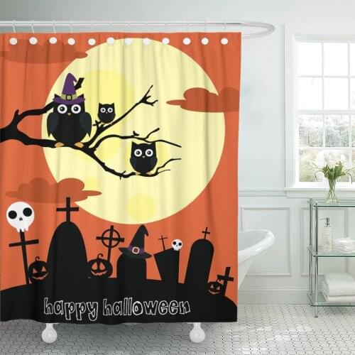 Orange Cute Happy Halloween Owl Cartoon Cemetery Tree Abstract Shower Curtains Waterproof Polyester Fabric 72 x 78 inches with H