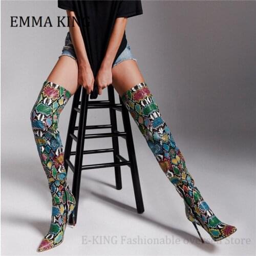 Autumn Winter Women Stretch Socks Boots Colorful Snake Skin Thigh-high Stilettos Sexy Club Over-the-Knee Long Boots Shoes Women