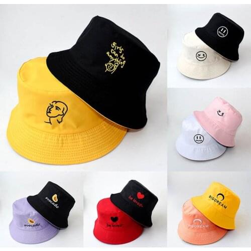 1Pcs Double-sided Color for Women Korean Style Embroidered Outdoor Sunscreen Bucket Hats Cotton Polyester