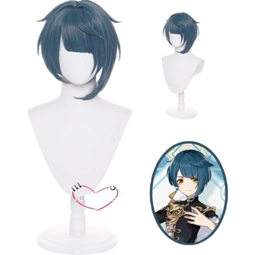 Genshin Impact Xingqiu Cosplay 30cm Wig Short Grey Blue Wig Cosplay Anime Cosplay Wigs Heat Resistant Synthetic Wigs Halloween