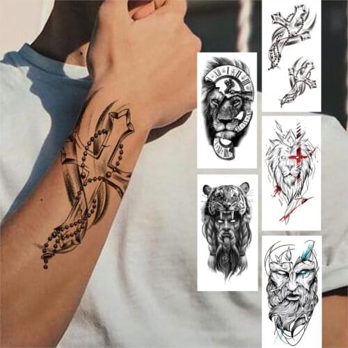 Black Cross Temporary Tattoo For Men Women Adult Realistic Lion Tiger Tattoos Sticker Evil Devil Fake Waterproof Tatoos Paper