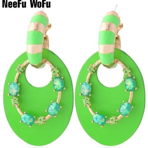 NeeFu WoFu Fluorescence green leather Earring geometric Gradient jewelry rings for women glass orecchini bijoux femme Oorbellen