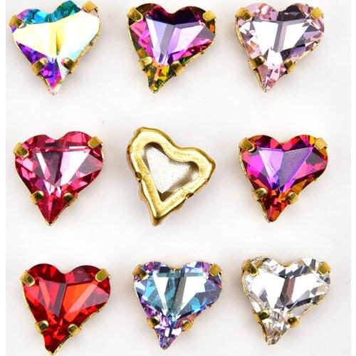 10pcs/pack 12*13mm K9 Rhinestones Crooked Heart Strass Crystal Gold Base Sew On Claw Wedding Decoration Diy Clothing Accessories