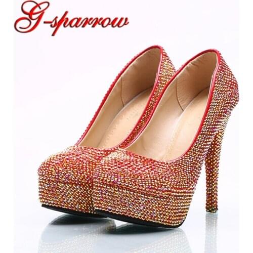 Wholesale Price Red Rhinestone Wedding Shoes AB Crystal Platforms High Heel Shoes Beautiful Bride Dress Shoes Big Size 43 44