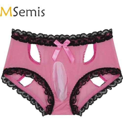 Mens Lingerie Sissy Underwear Hollow Out Lace Trim Briefs Panties Low Waist Elastic Waistband Bulge Pouch Underpants