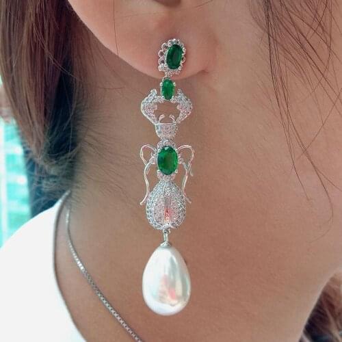 YYGEM Green Cz Pave Insect Stud Earrings Teardrop White Sea Shell Pearl party jewelry accessories cute pearlfor women