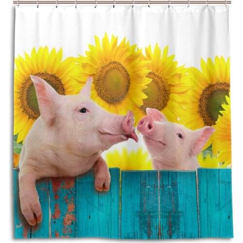 Funny Animal Pig Sunflower Waterproof Bath Curtain Bathroom Home Decor