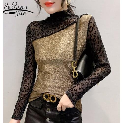 Women clothes 2021 poleras mujer de moda Turtleneck Leopard Streetwear plus size long sleeve shirt women Casual T-shirt 7561 50