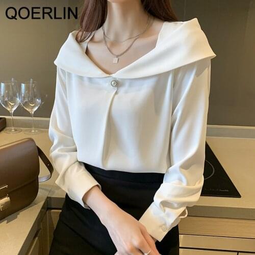 QOERLIN Office Ladies Slash Neck White Shirt Office 2021 Professional Plus Blouse Long Sleeve Loose Pullover Tops Female Elegant
