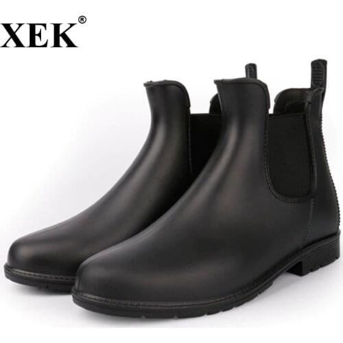 XEK 2018 Womens Elastic Band Non Slip Rain Boots Male Ankle Rainboots Waterproof Water Shoes Women Wellies Black ZLL216