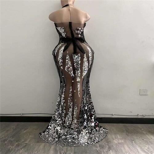 H26 Female stage dance costumes black mesh long trailing evening dress sparkly silver sequins skirt women club show outfits bar