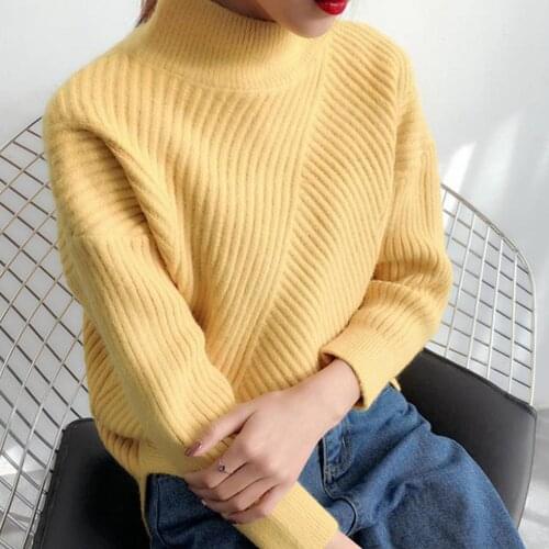 Autumn Winter Women Solid Color Mock Neck Stripe Rib Warm Knitted Sweater Jumpers 2020