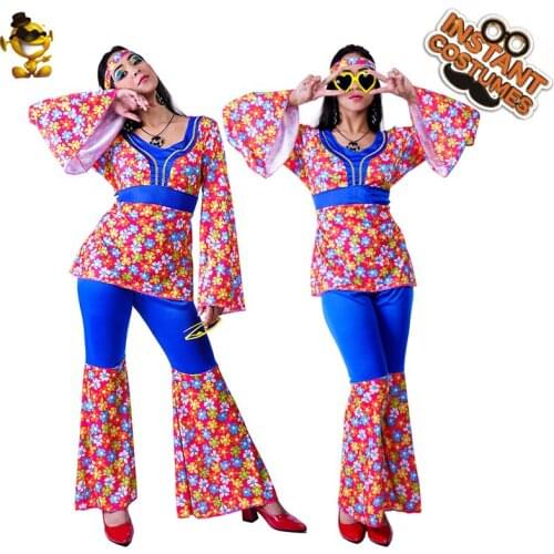 QLQ Women 80s Hippie Costume Fancy Dress Adult Disco Hippie Dress Cosplay Flower 1970s Clothing For Halloween Costumes