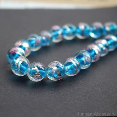20Pieces/Lot 10mm 12mm Lampwork Glass Beads Flower With White Foil Teal blue Color for jewelry making