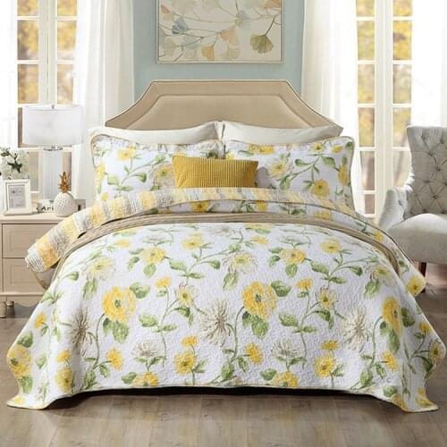 100% cotton Quilting Quilts LUXURY Bedcover American Floral COTTON Coverlet Embroidery Yellow PRINT Bedspread 3pcs set king size