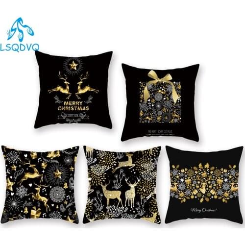 Polyester Black Gold Merry Christmas Deer Trees Gift Cushion Cover Cojines Decorativos Para Sofa 45x45cm