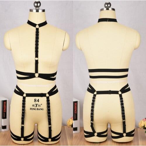 Goth Black Body Harness Set Open Chest Cage Bra Harness Panties Set Sock Garters Thigh Harness Fetish Wear O0386