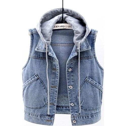 Denim Vest Women Short 2020 Spring New Hooded Big Pocket Sleeveless Jacket All-Match Slim Top Cardigan S-XXXXL