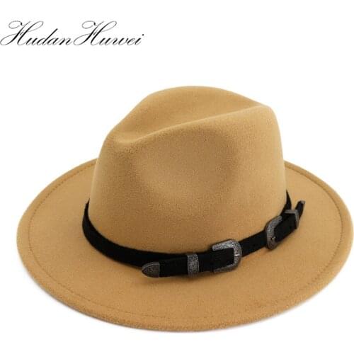 Double Buckle Strap Decoration Felt Jazz Hat Men Women Wide Brim Panama Style Fedora Hats Trilby Cowboy Party Carnival Hat L/XL