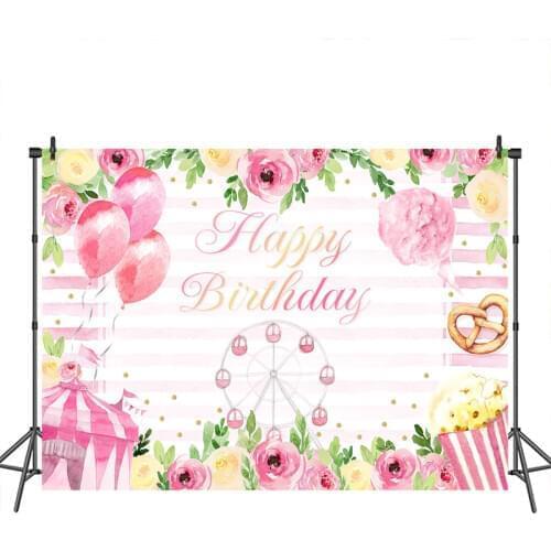 Happy Birthday Backdrop for Photo Ferris wheel Flowers Photography Backdrops Children Birthday Party Background Banner Decor