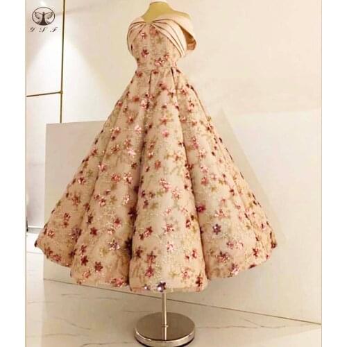 Glamorous Rose Gold Evening Dresses Sweetheart Short Sleeve Puffy Curve Skirt Tea Length Vestidos De Fiesta