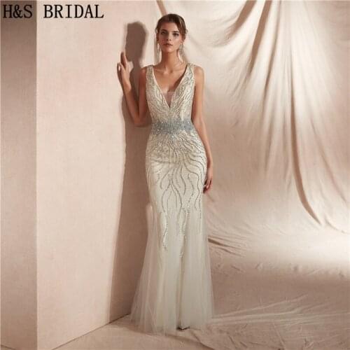 H&S BRIDAL Beading Evening Dresses Tulle Elegant 2020 Evening Gown Fitted Ivory vestido de festa longo