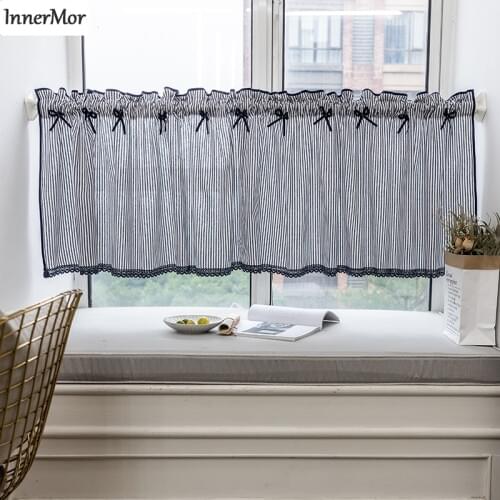 Innermor Blue Striped Half Curtain for Window lace Bottom edge and Embroidered bow-knot Short curtain for kitchen