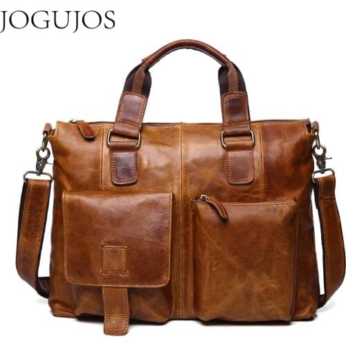JOGUJOS Genuine Leather Crazy Horse Man Briefcase Luxury Designer Mens Briefcases Business Shoulder Messenger Bag Travel Bag