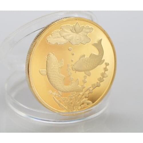 China Koi Fish Commemorative Coin Chinese Feng Shui Mascot Animal Fish Gold Plated Coins Collectibles Home Decorations Art Gift