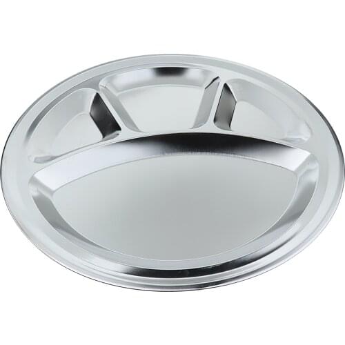 3 or 4 Compartments Divided Round Stainless Steel Dinner Dish Plate for Home/Outdoor/Camping/Picnic