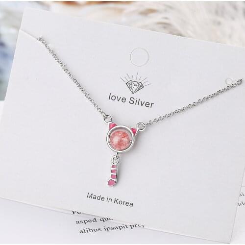 Strawberry crystal cat pendant cute and sweet short clavicle chain female niche epoxy item jewelry sterling silver 925