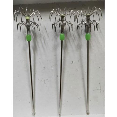 MR OCTOPUS ,20pcs fishing hooks , squid hooks,squid jigs,silver colour, 15cm,luminous green bead .stainless steel jigs