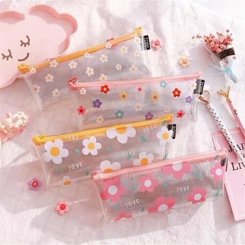 Sweet Flowers Transparent Kawaii Pencil Case Portable Zipper Pencil Glasses Makeup Storage Box Stationery Holder School Supplies