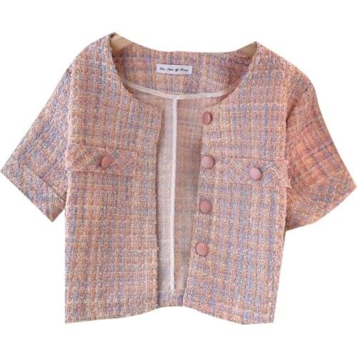 Autumn New Tweed Cardigan Jacket Womens Round Neck Temperament Slim Short Jacket Single-breasted Retro Jacket