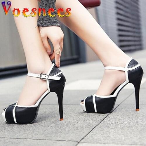 Fish Mouth Open Toe Womens Shoes Black White Line Summer Hollow Buckle Sandals Mixed Colors Thin High Heels Sexy Party Shoes