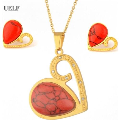 UELF Cute Red Resin Heart Shaped Neclace Earrings Sets Jewelry Crystal Kid Children Lovely Gold Color Jewelry Sets for Girl