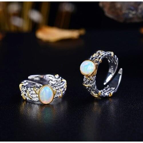 Retro Thai Silver Jewelry Creative Design Natural Blue Opal S925 Sterling Silver Inlaid Colored Gemstone Open Ended Ring