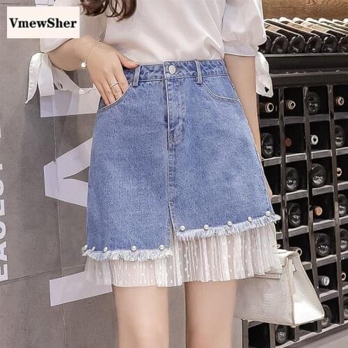 VmewSher New Mesh Splice Women Denim Skirt Pearl Beading High Waist Fashion Blue Empire Elegant Mini Summer Jean Skirts Sweet