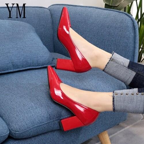 2020 New Women Pumps Black High heels 7.5cm Lady Patent leather Thick with Autumn Pointed Single Shoes Female Sandals Big 33-43