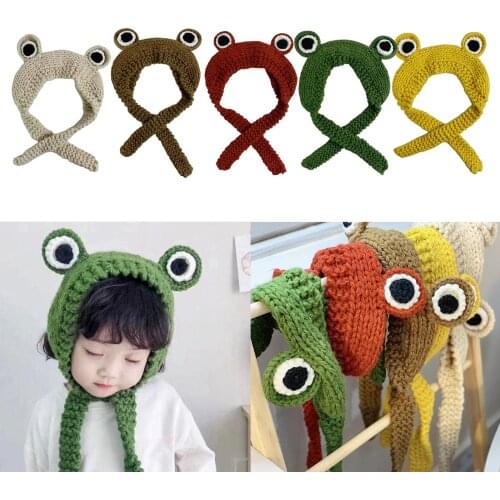Women Hats Winter Cute Frog Crochet Large Knitted For Girls Cap Beanie Children Cap Cute Frog Eye Weave Knit Skullies Beanie Hat