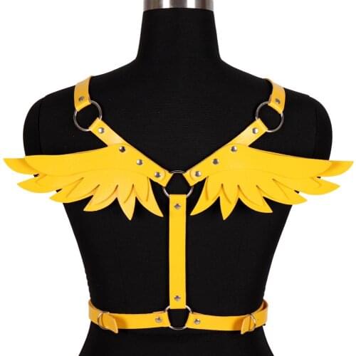 Yellow Wing Leather Harness Lingerie Pastel Goth Sexy Top Body Bondage Shoulder Women Cosplay Dance Rave Adjust Cage Chest Bra