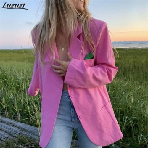 Luzuzi Women Cool Pink Blazer 2021 Summer Fashion Ladies Sexy Thin Cotton Jacket Elegant Female Chic Suits Casual Girls Cute Top
