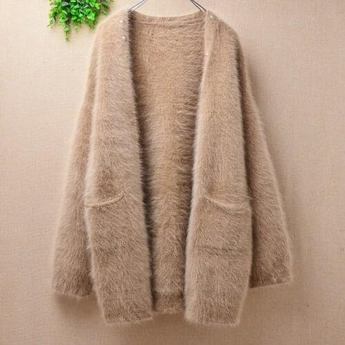 Ladies women fashion hairy fluffy mink cashmere long sleeves loose cardigans mantle angora rabbit fur winter jacket coat sweater