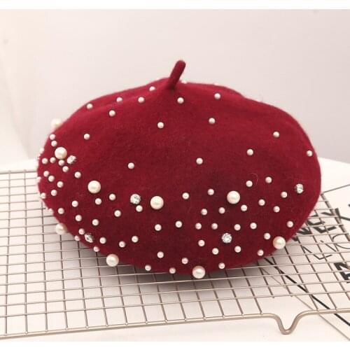 Winter Wool Beret With Rhinestone Pearls Beads Female Wool Cap Winter Autumn Spring Hat Solid Color Top Quality Women