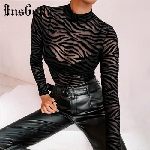 InsGoth Sexy Stripe Mesh Bodycon Bodysuits Women Streetwear Gothic Hollow Out Long Sleeve Black Bodysuit Body Female Autumn