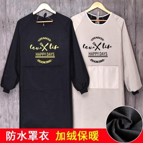 Winter womens overalls plus velvet thickening warm household kitchen waterproof cooking adults aprons long sleeves custom logo