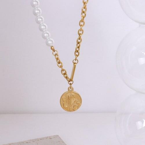 2021 New Fashion 316L Stainless Steel Imitation Pearl Double Sided Coin Head Pendant Necklace For Women Girls Trendy Jewelry