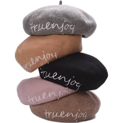 Womens Girls Beret Hats Wool Basque French Beret Warm Winter Hats Adjustable Embroidered Letters Rhinestone Beanie Skullies A458