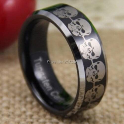 Free Shipping & Engraving Wholesale Price 2015 Hot Selling 8MM Skull Black Silver Beveled Tungsten Ring For Wedding Band Ring